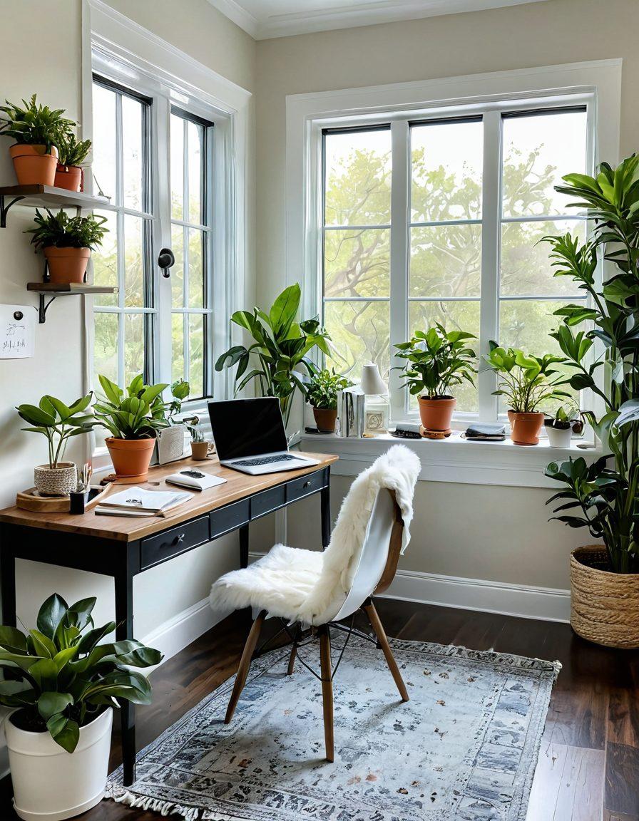 A bright, airy home office brimming with natural light, featuring a stylish desk with a laptop displaying organized to-do lists, potted plants, and motivational art on the walls. A cozy chair with a soft blanket and a cup of coffee to symbolize comfort and joy. Include a window view showcasing a vibrant garden outside, reflecting a peaceful workspace. super-realistic. vibrant colors. cozy atmosphere.