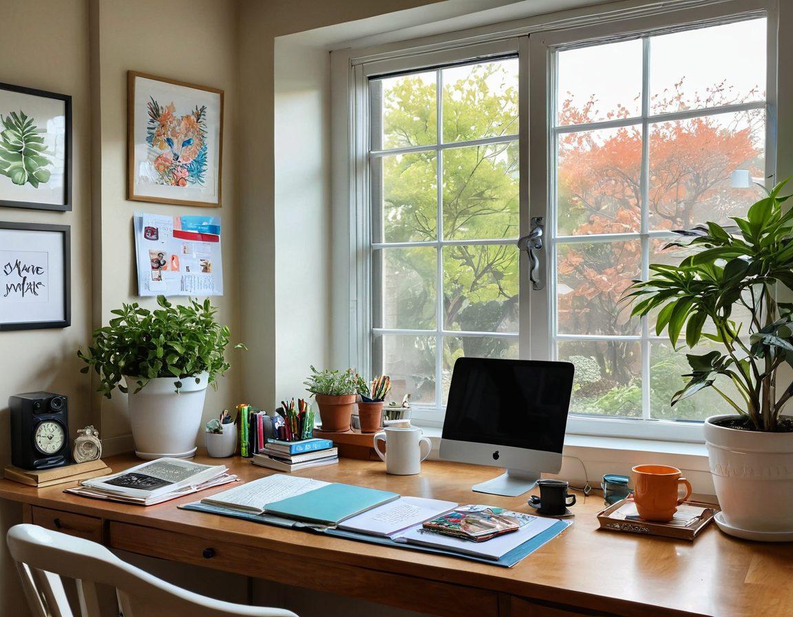 A cozy home office filled with natural light, featuring a well-organized desk adorned with colorful stationery, a cheerful indoor plant, and a steaming cup of coffee. The walls are decorated with uplifting artwork and motivational quotes. A window reveals a sunny garden outside, enhancing the cheerful atmosphere. A cat lounges nearby, embodying comfort and tranquility. super-realistic. vibrant colors. warm tones.