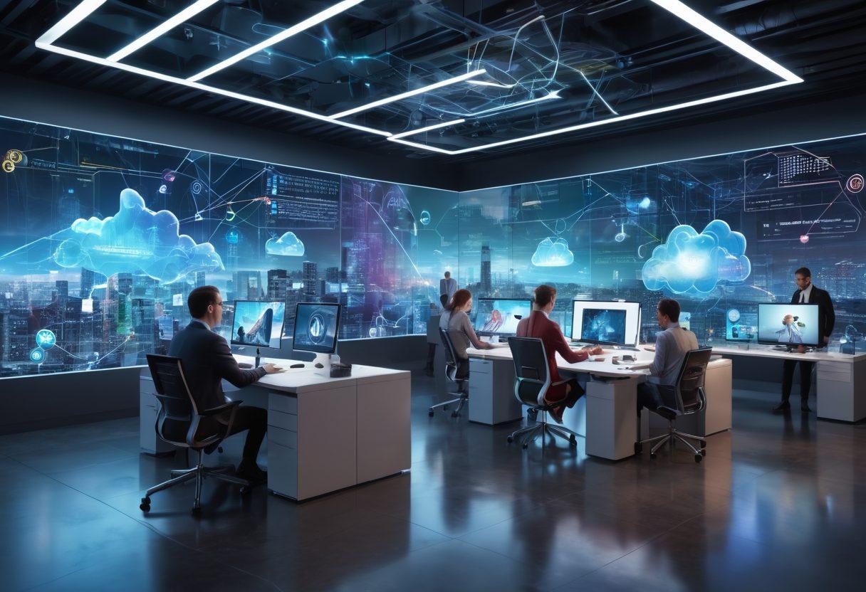 A futuristic office space showcasing diverse individuals seamlessly collaborating via holographic displays and cloud interfaces, surrounded by sleek technology and vibrant digital networks symbolizing connectivity. Include elements like floating data streams and interactive screens showcasing performance metrics. The atmosphere is energetic and innovative, emphasizing teamwork and advanced technology. super-realistic. vibrant colors. 3D.